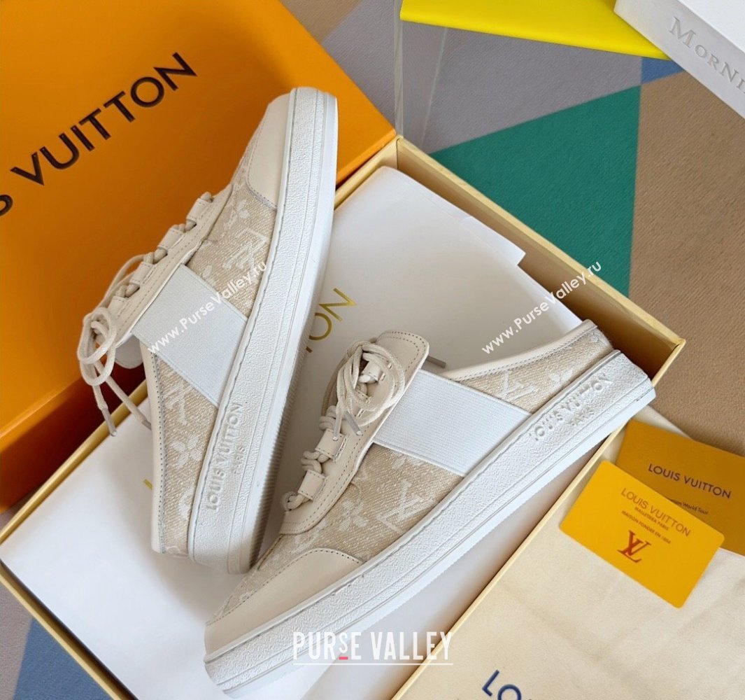 Louis Vuitton Lous Open Back Sneakers Calf leather and Monogram Denim Beige Top Quality (guoran-24011222)