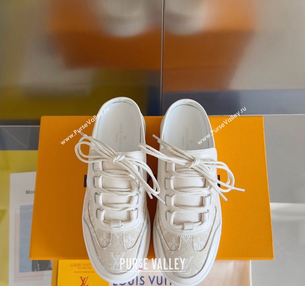 Louis Vuitton Lous Open Back Sneakers Calf leather and Monogram Denim Beige Top Quality (guoran-24011222)