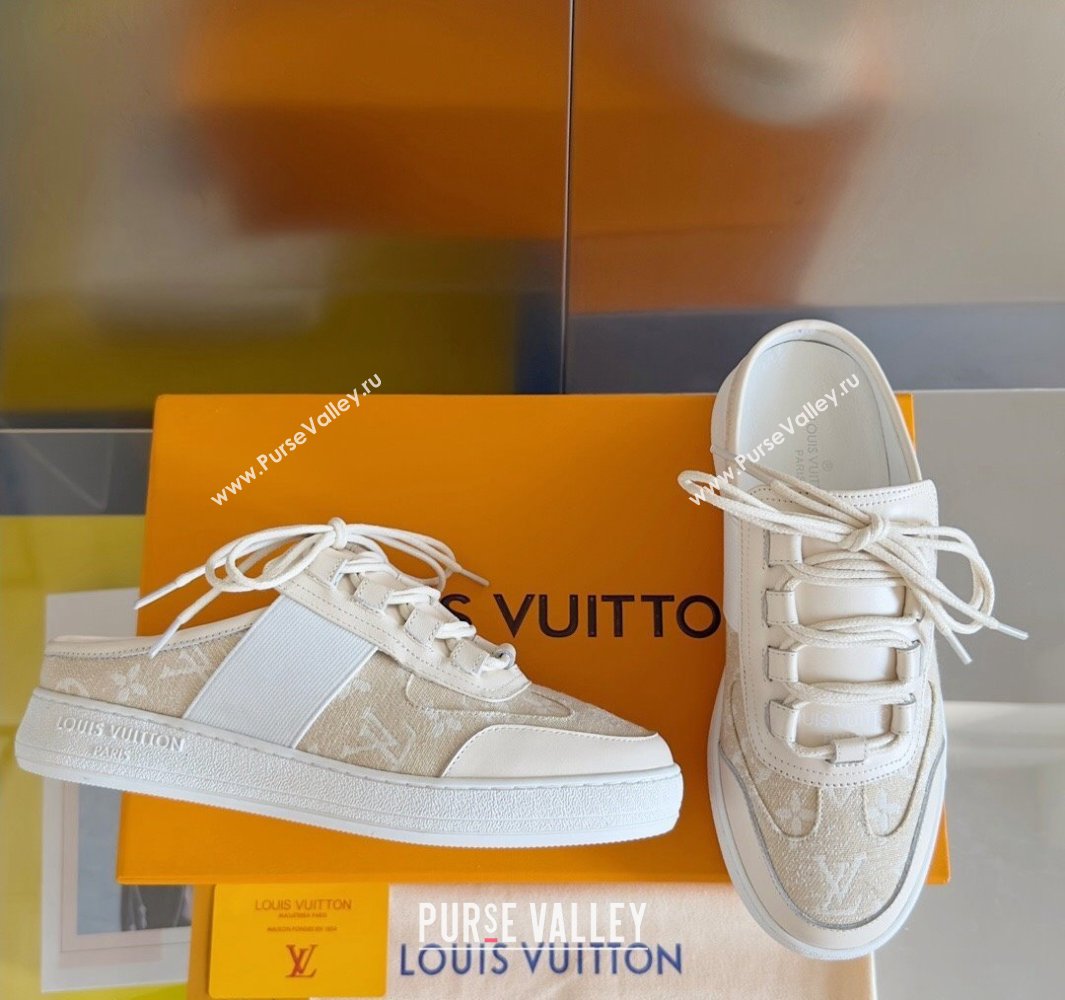 Louis Vuitton Lous Open Back Sneakers Calf leather and Monogram Denim Beige Top Quality (guoran-24011222)