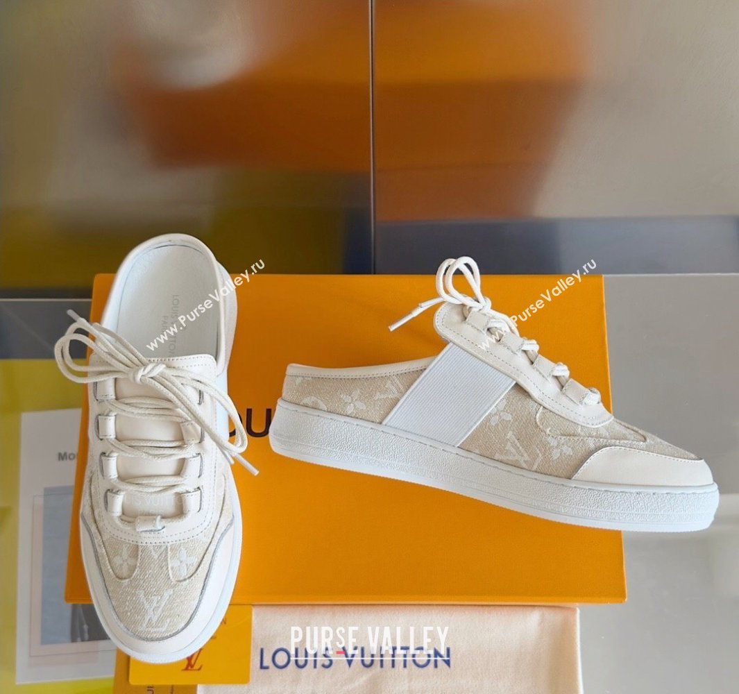 Louis Vuitton Lous Open Back Sneakers Calf leather and Monogram Denim Beige Top Quality (guoran-24011222)