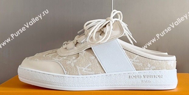 Louis Vuitton Lous Open Back Sneakers Calf leather and Monogram Denim Beige Top Quality (guoran-24011222)