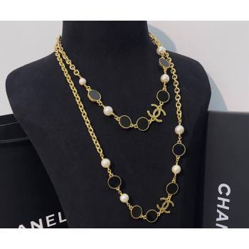 Chanel Metal Glass Pearls Long Necklace ABC485 Gold, Black Pearly White 2024 (YF-24011349)