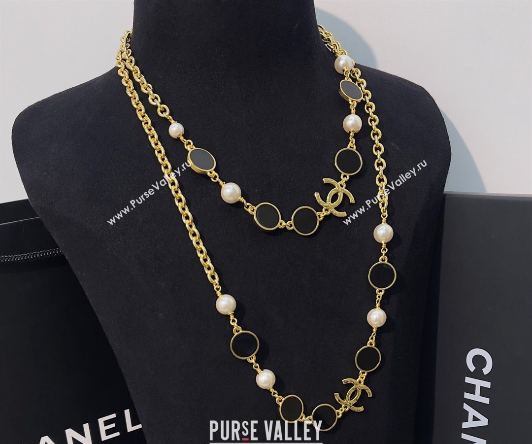 Chanel Metal Glass Pearls Long Necklace ABC485 Gold, Black Pearly White 2024 (YF-24011349)