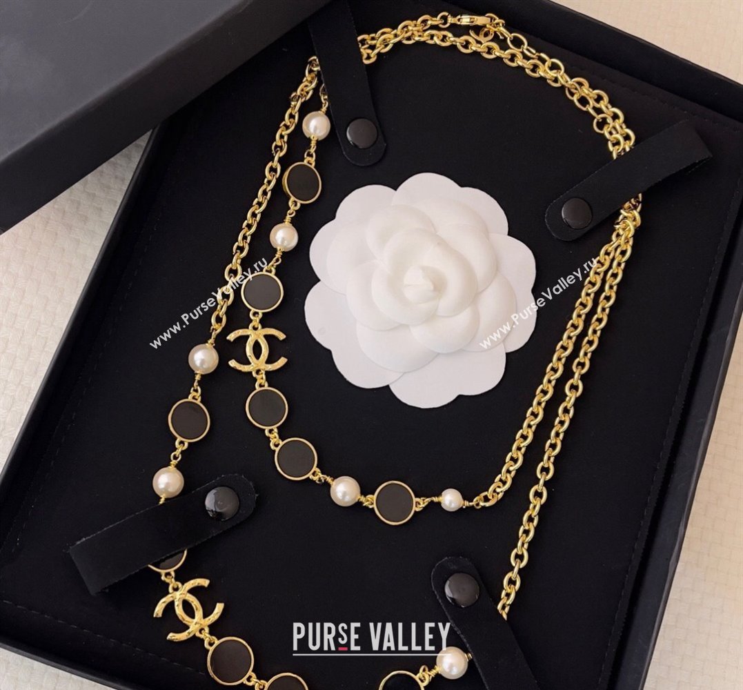 Chanel Metal Glass Pearls Long Necklace ABC485 Gold, Black Pearly White 2024 (YF-24011349)