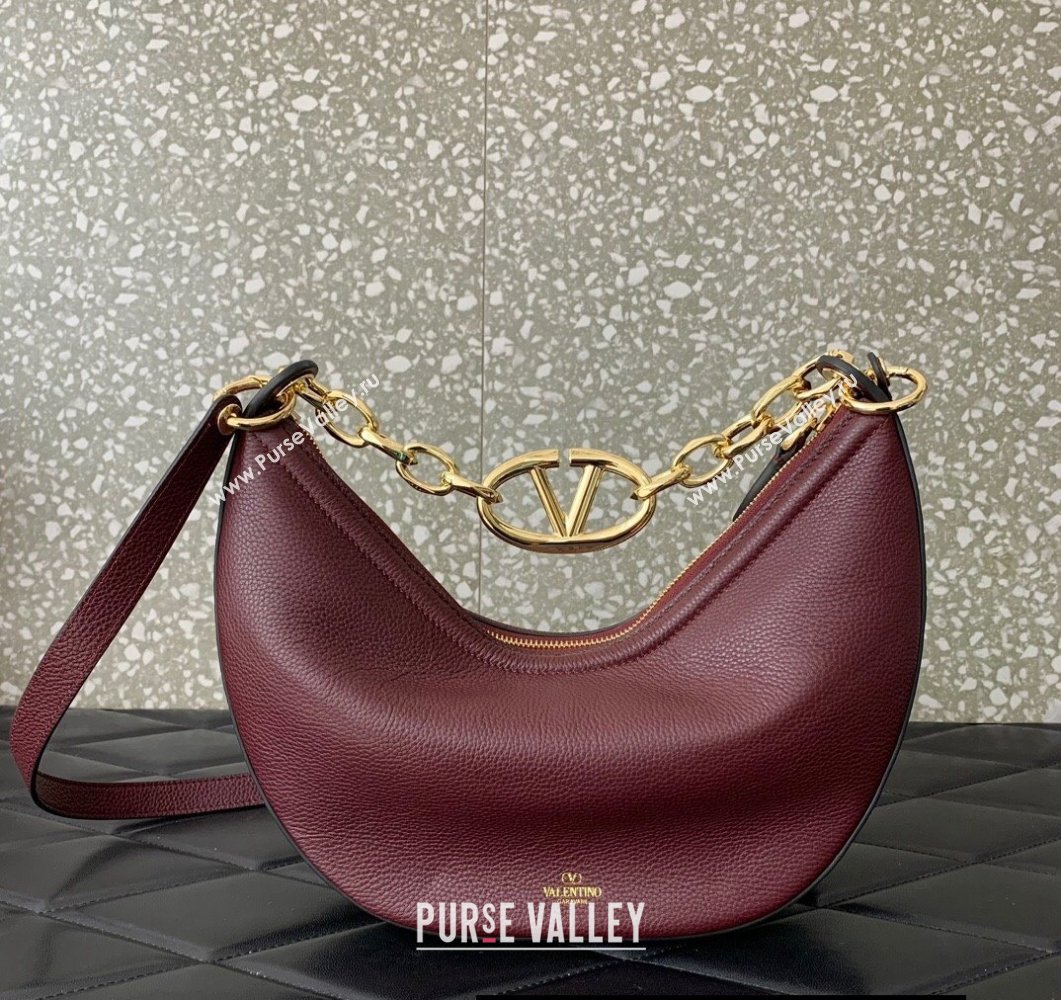 Valentino Small Vlogo Moon Hobo Bag In grainy calfskin Burgundy With Chain (liankafo-24011501)