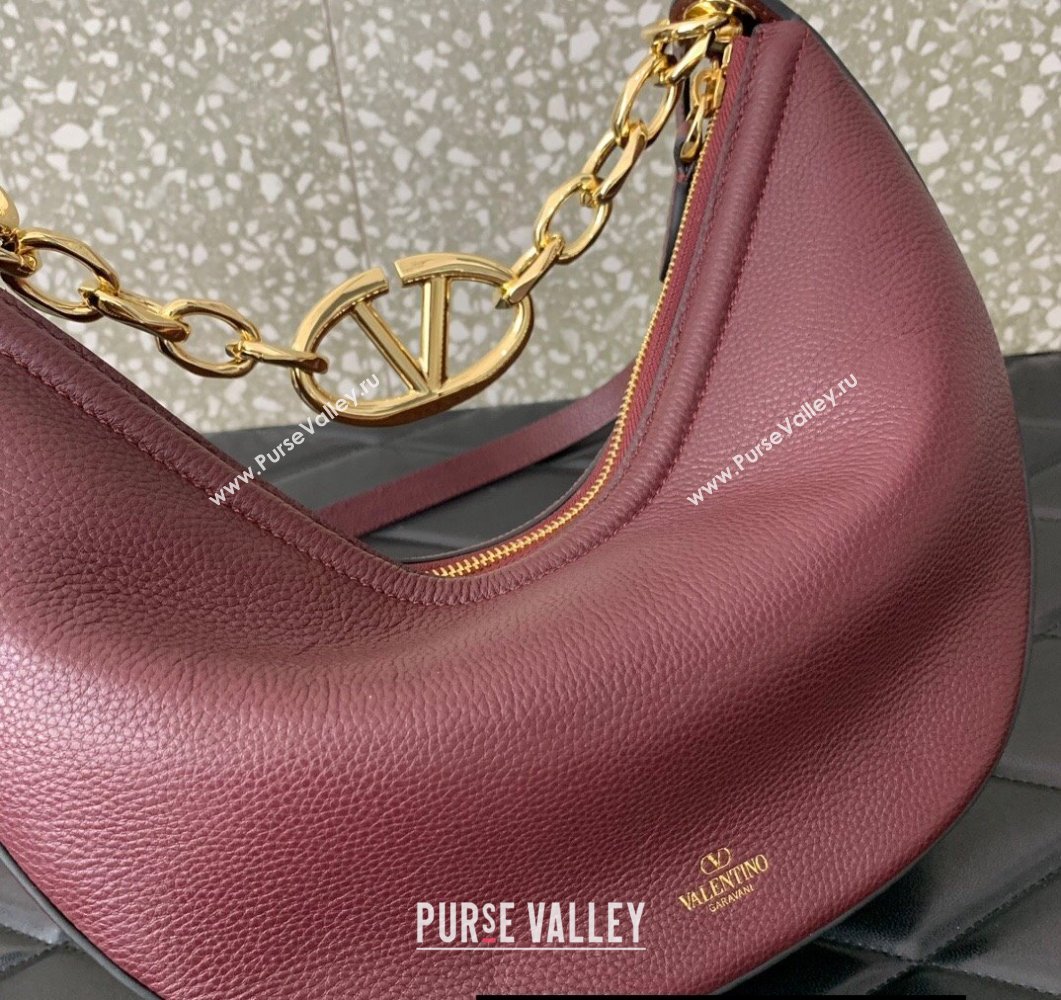 Valentino Small Vlogo Moon Hobo Bag In grainy calfskin Burgundy With Chain (liankafo-24011501)