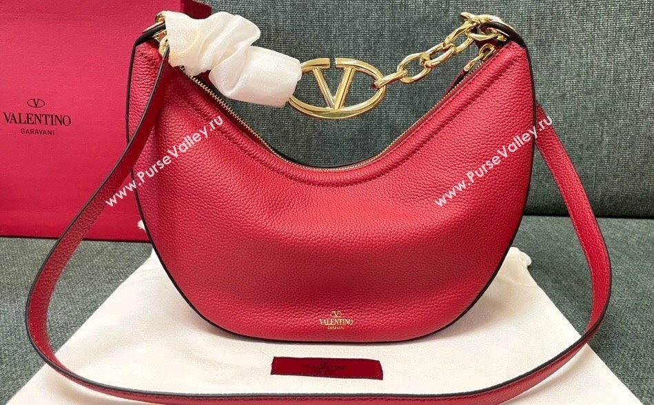 Valentino Small Vlogo Moon Hobo Bag In grainy calfskin Red With Chain (jindong-24011502)