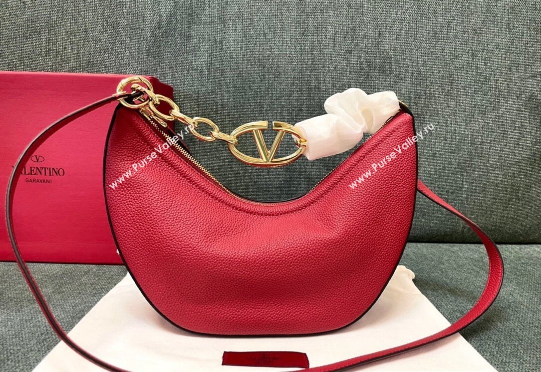 Valentino Small Vlogo Moon Hobo Bag In grainy calfskin Red With Chain (jindong-24011502)