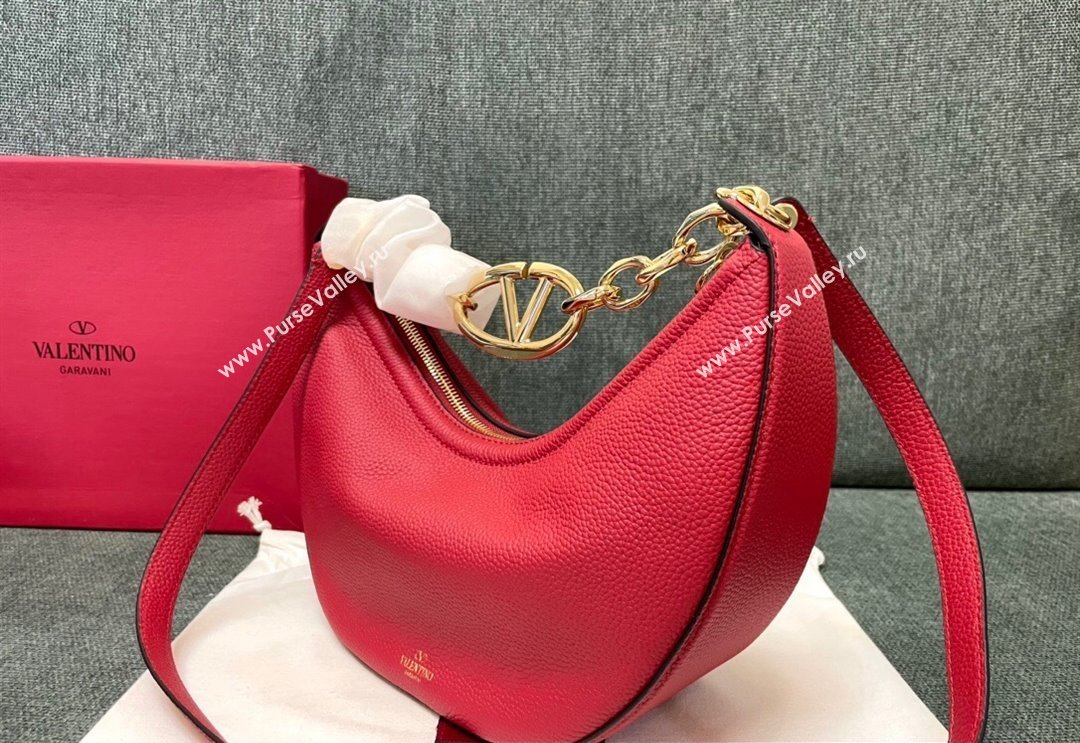 Valentino Small Vlogo Moon Hobo Bag In grainy calfskin Red With Chain (jindong-24011502)