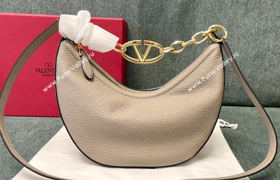 Valentino Small Vlogo Moon Hobo Bag In grainy calfskin Pale Gray With Chain (jindong-24011503)