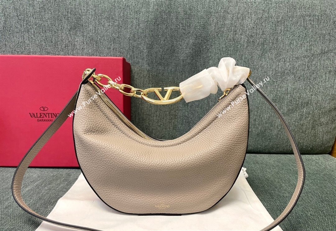 Valentino Small Vlogo Moon Hobo Bag In grainy calfskin Pale Gray With Chain (jindong-24011503)