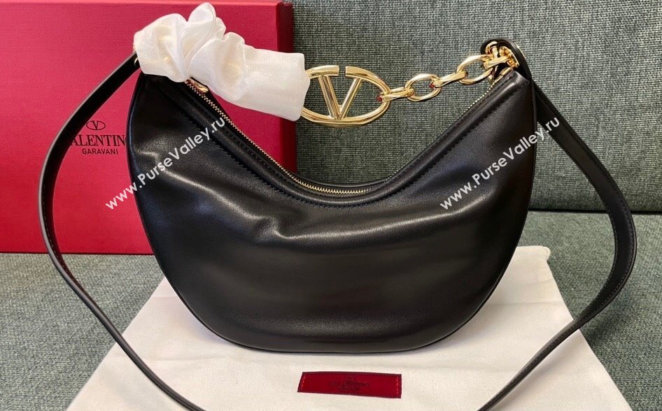 Valentino Small Vlogo Moon Hobo Bag In NAPPA LEATHER Black With Chain (jindong-24011505)