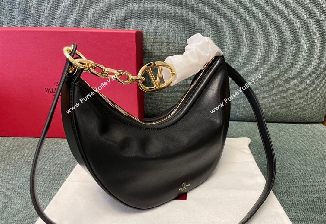 Valentino Small Vlogo Moon Hobo Bag In NAPPA LEATHER Black With Chain (jindong-24011505)