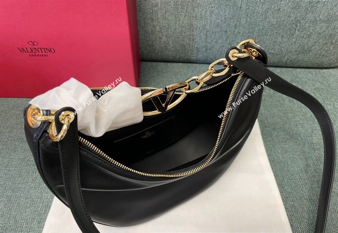 Valentino Small Vlogo Moon Hobo Bag In NAPPA LEATHER Black With Chain (jindong-24011505)