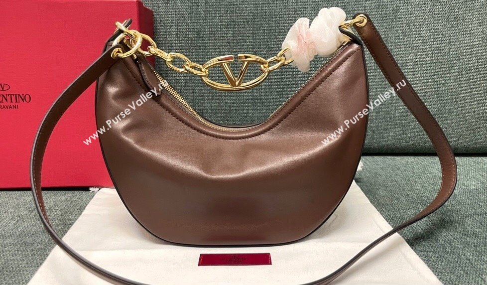 Valentino Small Vlogo Moon Hobo Bag In NAPPA LEATHER Coffee With Chain (jindong-24011506)