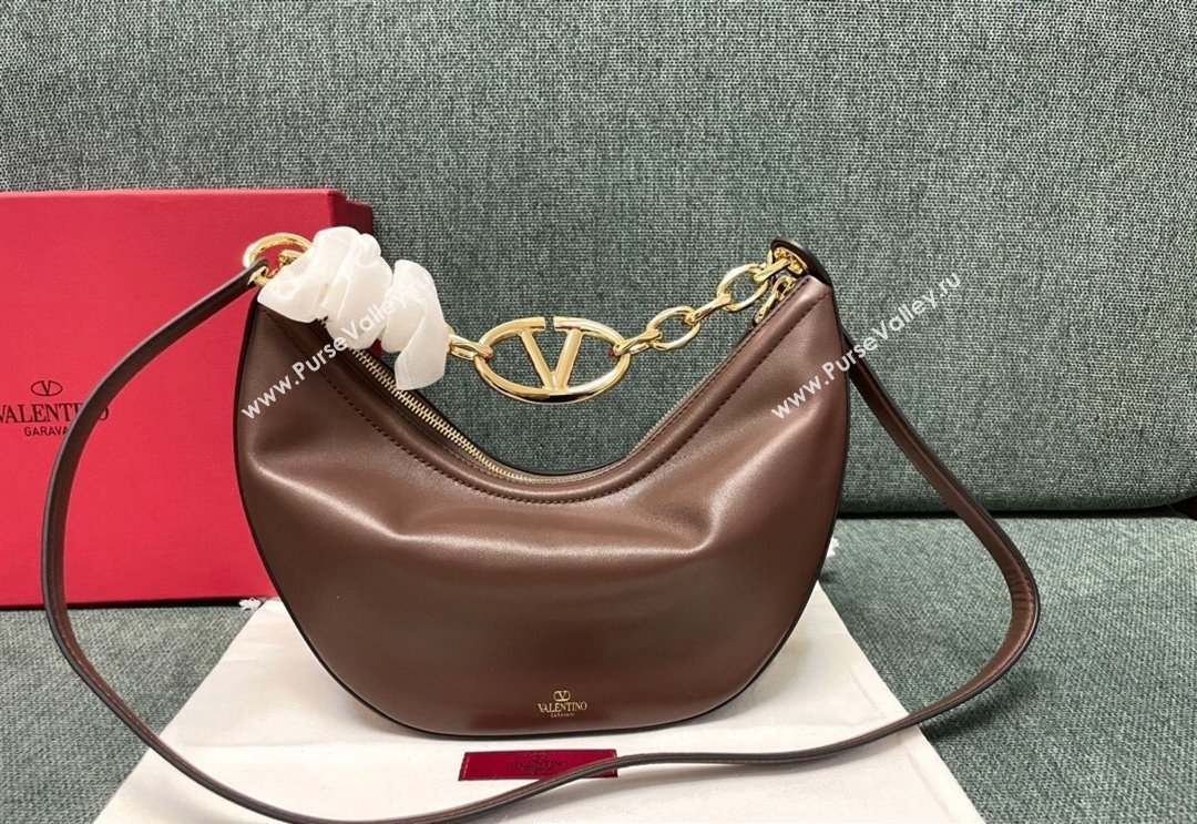 Valentino Small Vlogo Moon Hobo Bag In NAPPA LEATHER Coffee With Chain (jindong-24011506)