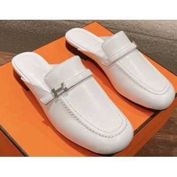 Hermes Groupie mules White in goatskin with palladium-plated Paris buckle (modeng-24011602)