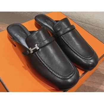 Hermes Groupie mules Black in goatskin with palladium-plated Paris buckle (modeng-24011601)