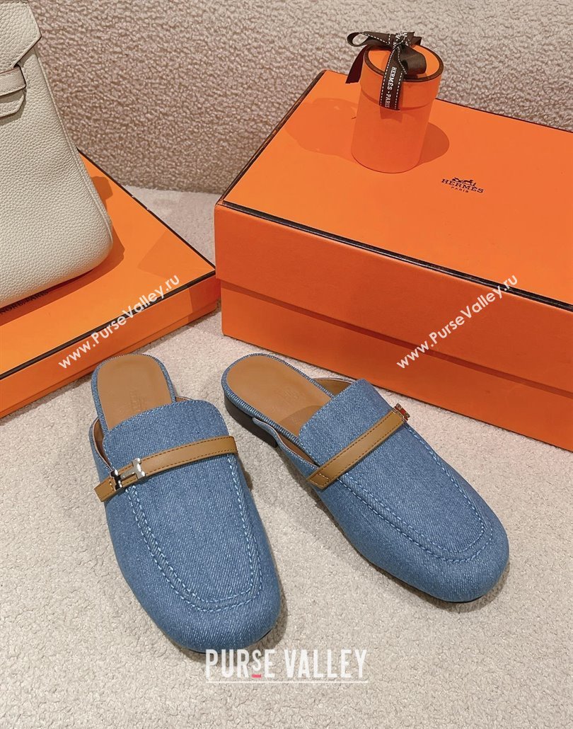 Hermes Groupie mules in denim Blue and calfskin with miniature permabrass-plated Paris buckle (modeng-24011606)