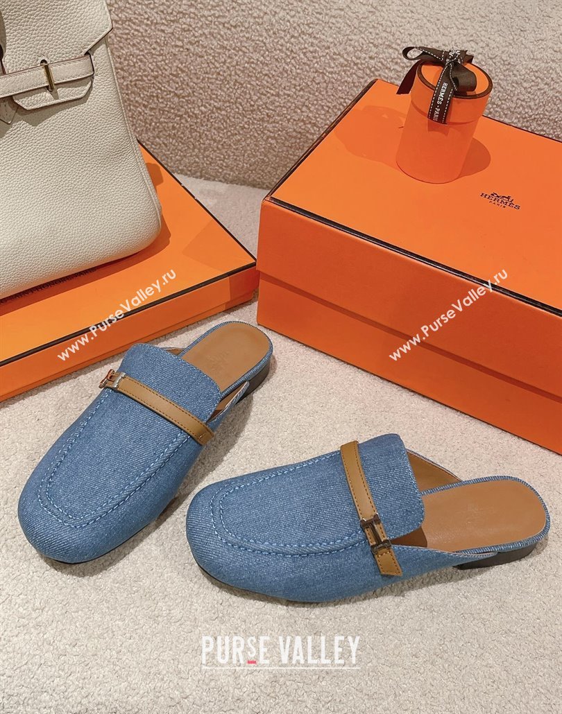 Hermes Groupie mules in denim Blue and calfskin with miniature permabrass-plated Paris buckle (modeng-24011606)