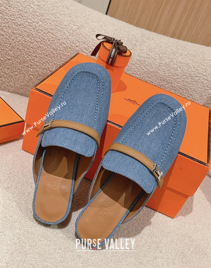 Hermes Groupie mules in denim Blue and calfskin with miniature permabrass-plated Paris buckle (modeng-24011606)