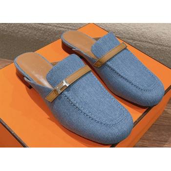 Hermes Groupie mules in denim Blue and calfskin with miniature permabrass-plated Paris buckle (modeng-24011606)