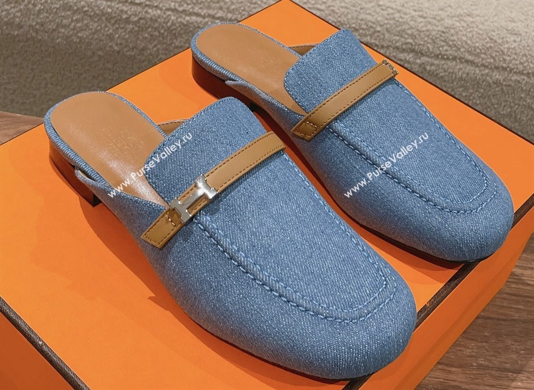 Hermes Groupie mules in denim Blue and calfskin with miniature permabrass-plated Paris buckle (modeng-24011606)