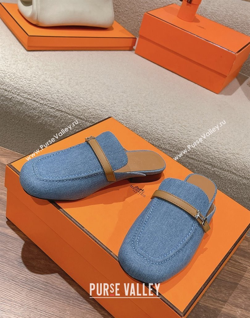 Hermes Groupie mules in denim Blue and calfskin with miniature permabrass-plated Paris buckle (modeng-24011606)