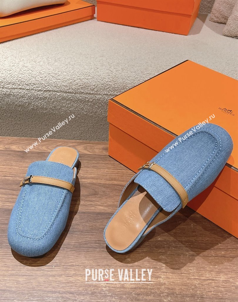 Hermes Groupie mules in denim Blue and calfskin with miniature permabrass-plated Paris buckle (modeng-24011606)