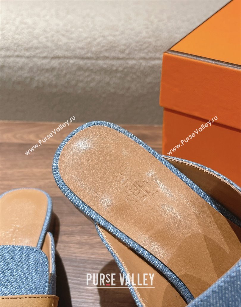 Hermes Groupie mules in denim Blue and calfskin with miniature permabrass-plated Paris buckle (modeng-24011606)