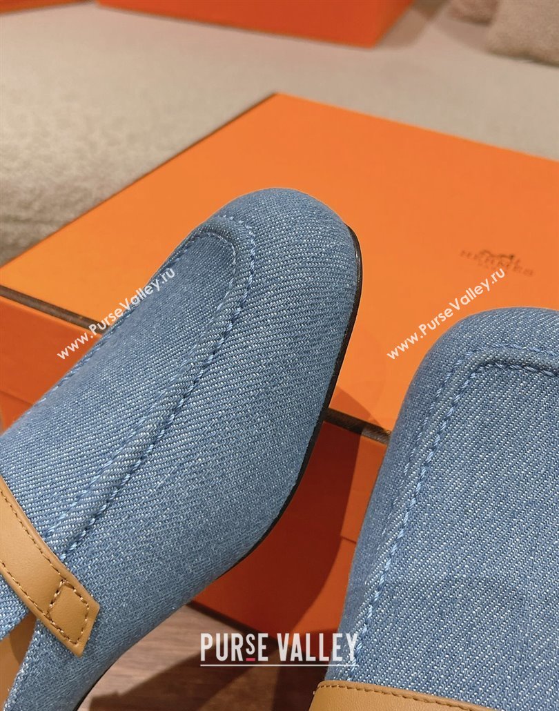 Hermes Groupie mules in denim Blue and calfskin with miniature permabrass-plated Paris buckle (modeng-24011606)