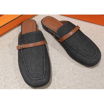 Hermes Groupie mules in denim Black and calfskin with miniature permabrass-plated Paris buckle (modeng-24011605)