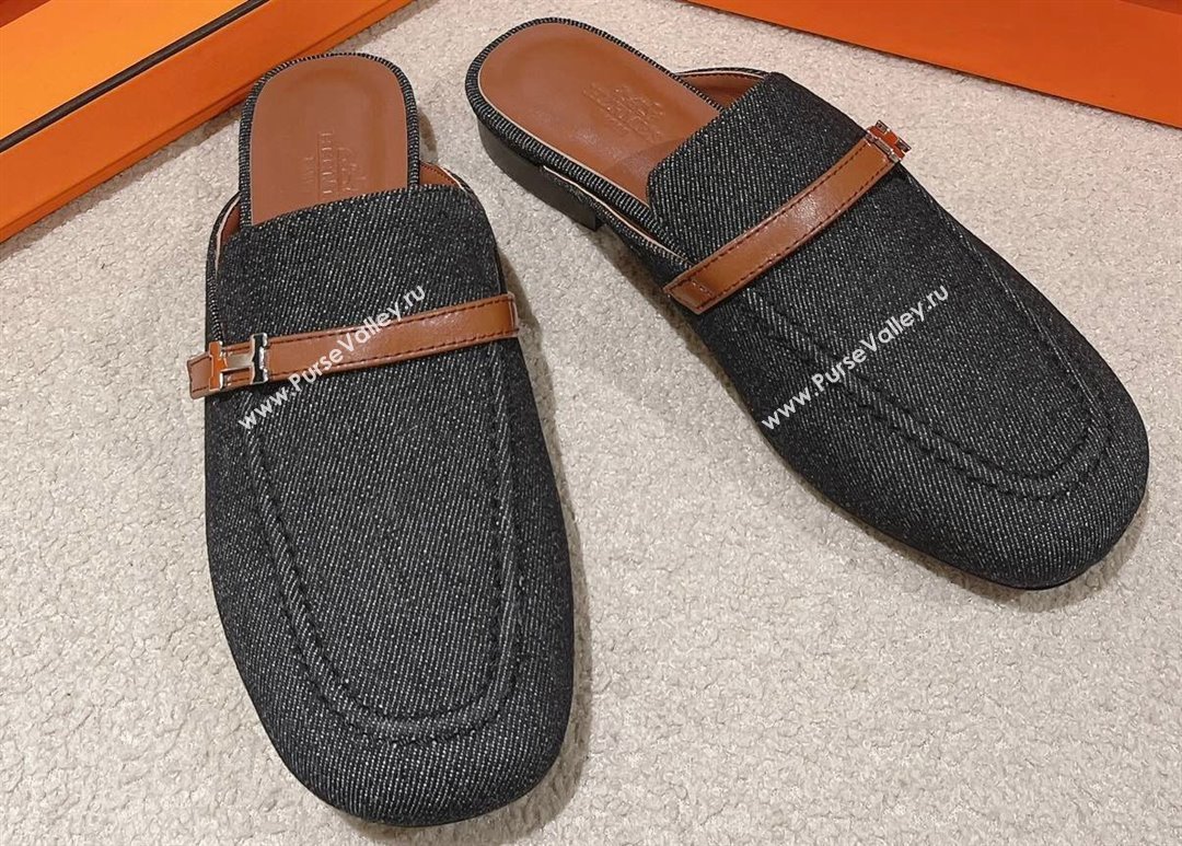 Hermes Groupie mules in denim Black and calfskin with miniature permabrass-plated Paris buckle (modeng-24011605)