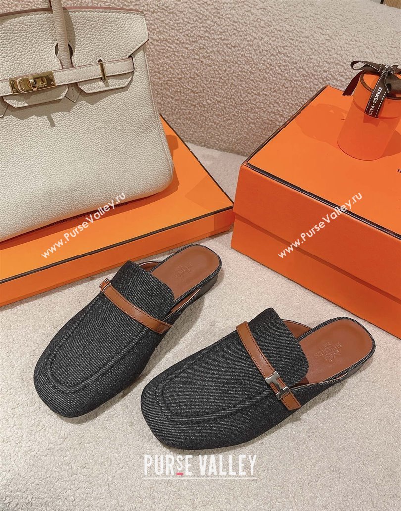 Hermes Groupie mules in denim Black and calfskin with miniature permabrass-plated Paris buckle (modeng-24011605)