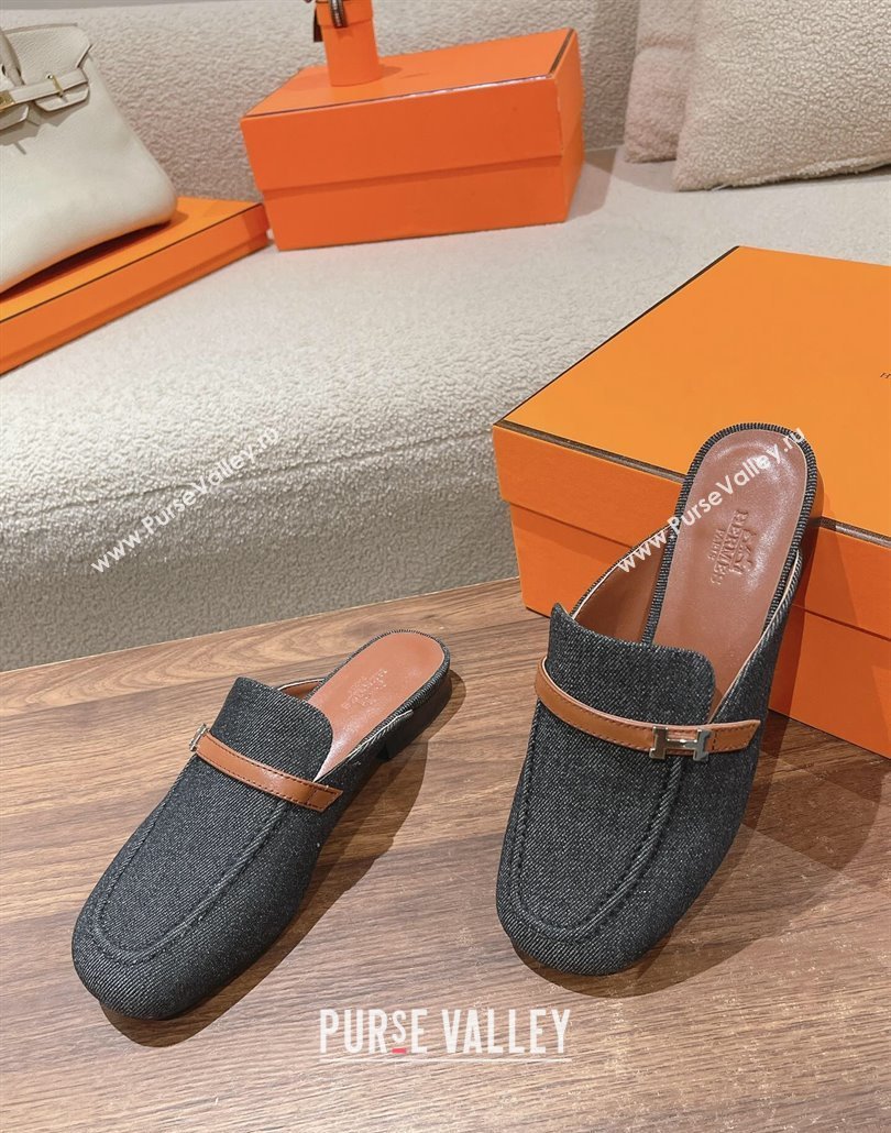 Hermes Groupie mules in denim Black and calfskin with miniature permabrass-plated Paris buckle (modeng-24011605)