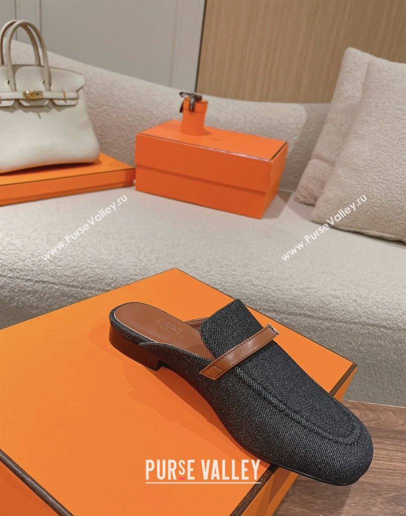 Hermes Groupie mules in denim Black and calfskin with miniature permabrass-plated Paris buckle (modeng-24011605)