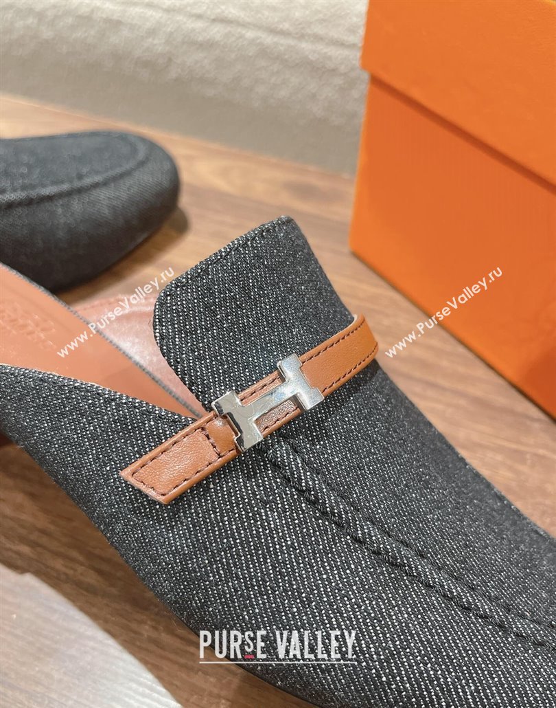 Hermes Groupie mules in denim Black and calfskin with miniature permabrass-plated Paris buckle (modeng-24011605)