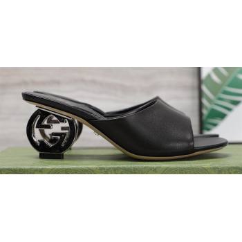 Gucci Heel 6cm Interlocking G heel Slide sandals 772569 Leather Black 2024 (hongyang-24011601)