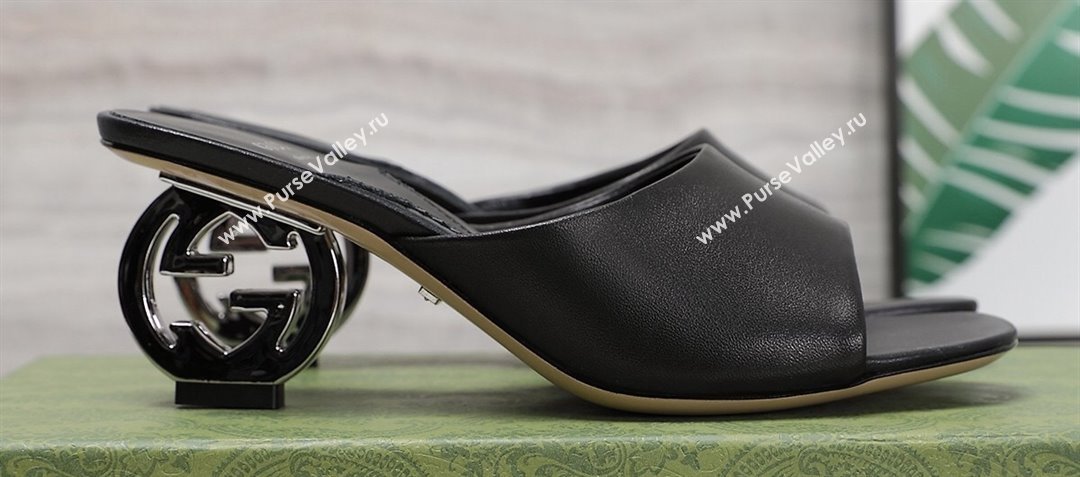 Gucci Heel 6cm Interlocking G heel Slide sandals 772569 Leather Black 2024 (hongyang-24011601)