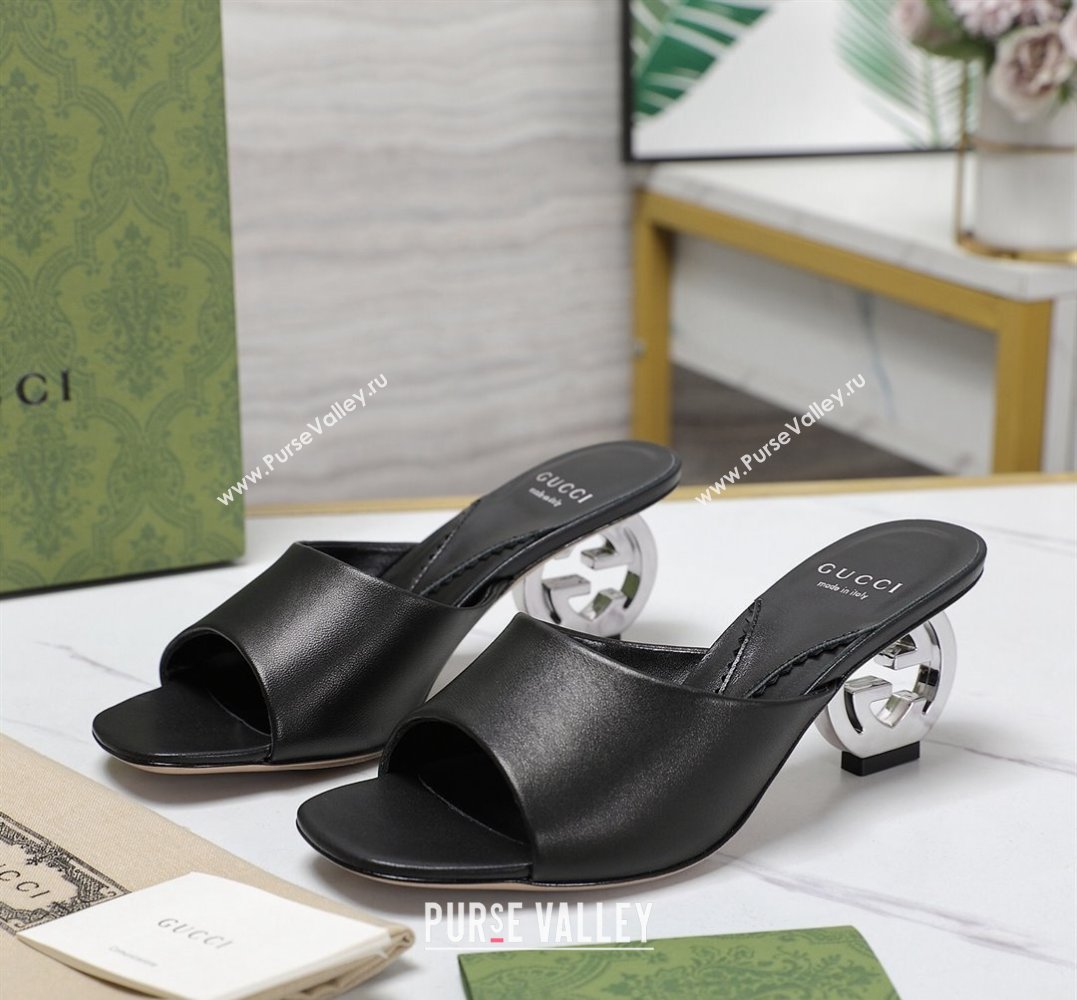 Gucci Heel 6cm Interlocking G heel Slide sandals 772569 Leather Black 2024 (hongyang-24011601)