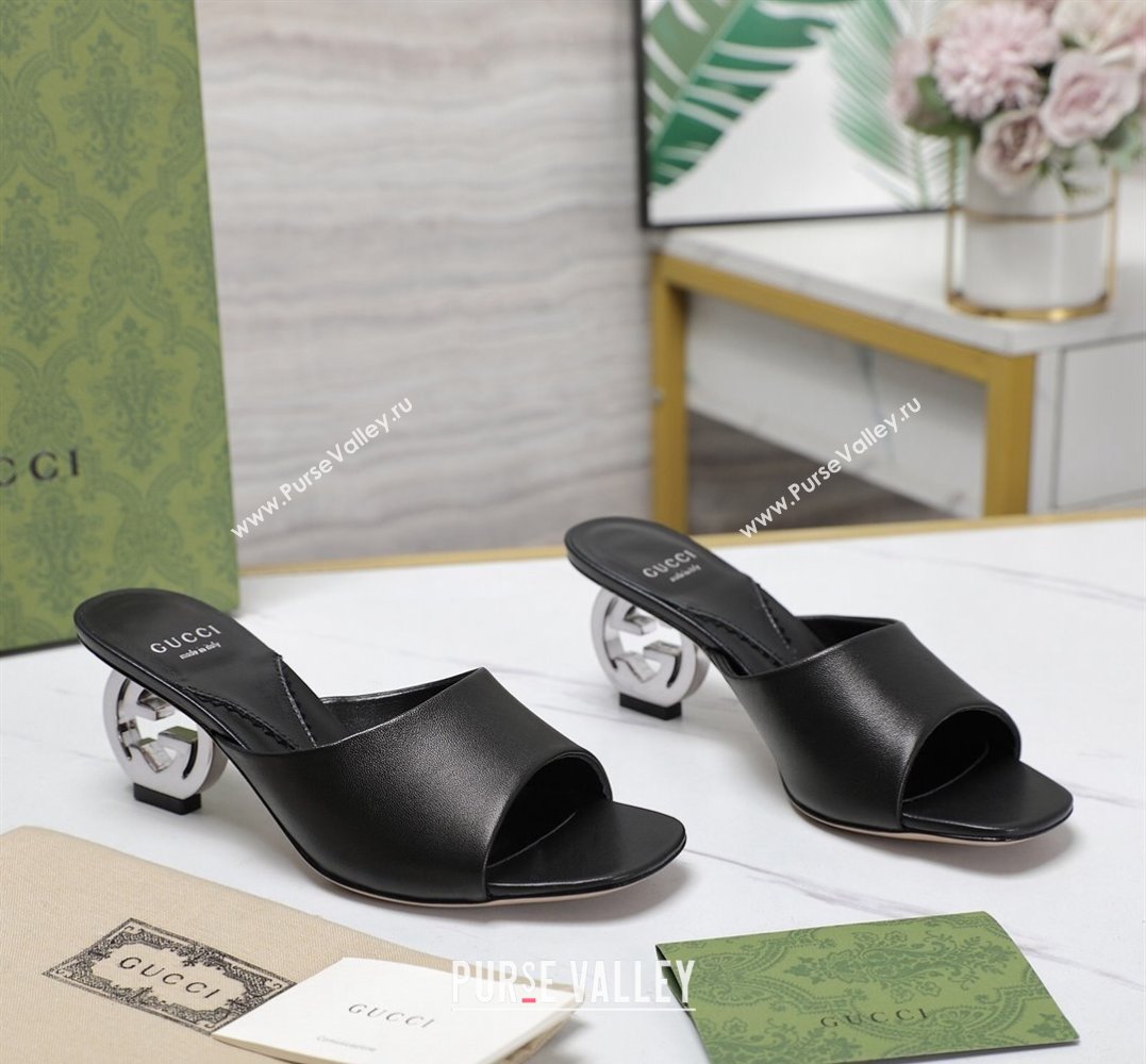 Gucci Heel 6cm Interlocking G heel Slide sandals 772569 Leather Black 2024 (hongyang-24011601)