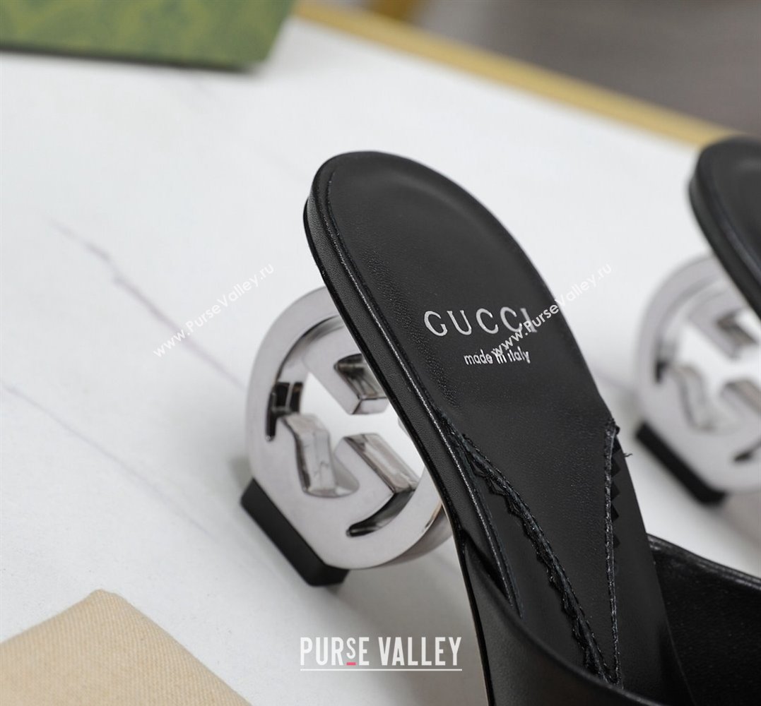 Gucci Heel 6cm Interlocking G heel Slide sandals 772569 Leather Black 2024 (hongyang-24011601)