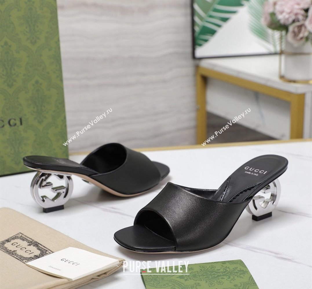 Gucci Heel 6cm Interlocking G heel Slide sandals 772569 Leather Black 2024 (hongyang-24011601)