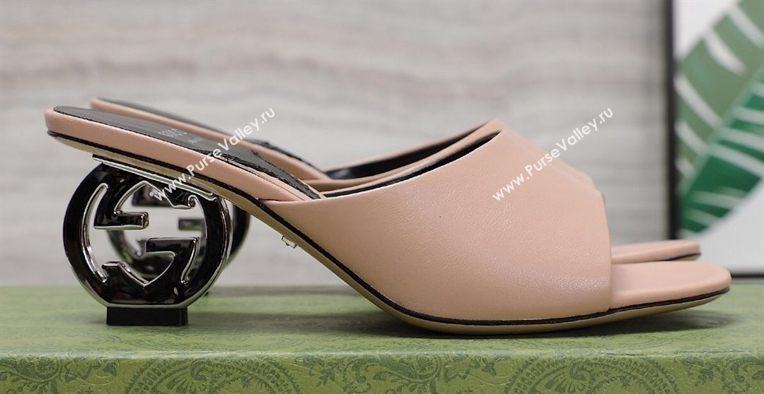 Gucci Heel 6cm Interlocking G heel Slide sandals 772569 Leather Nude 2024 (hongyang-24011604)