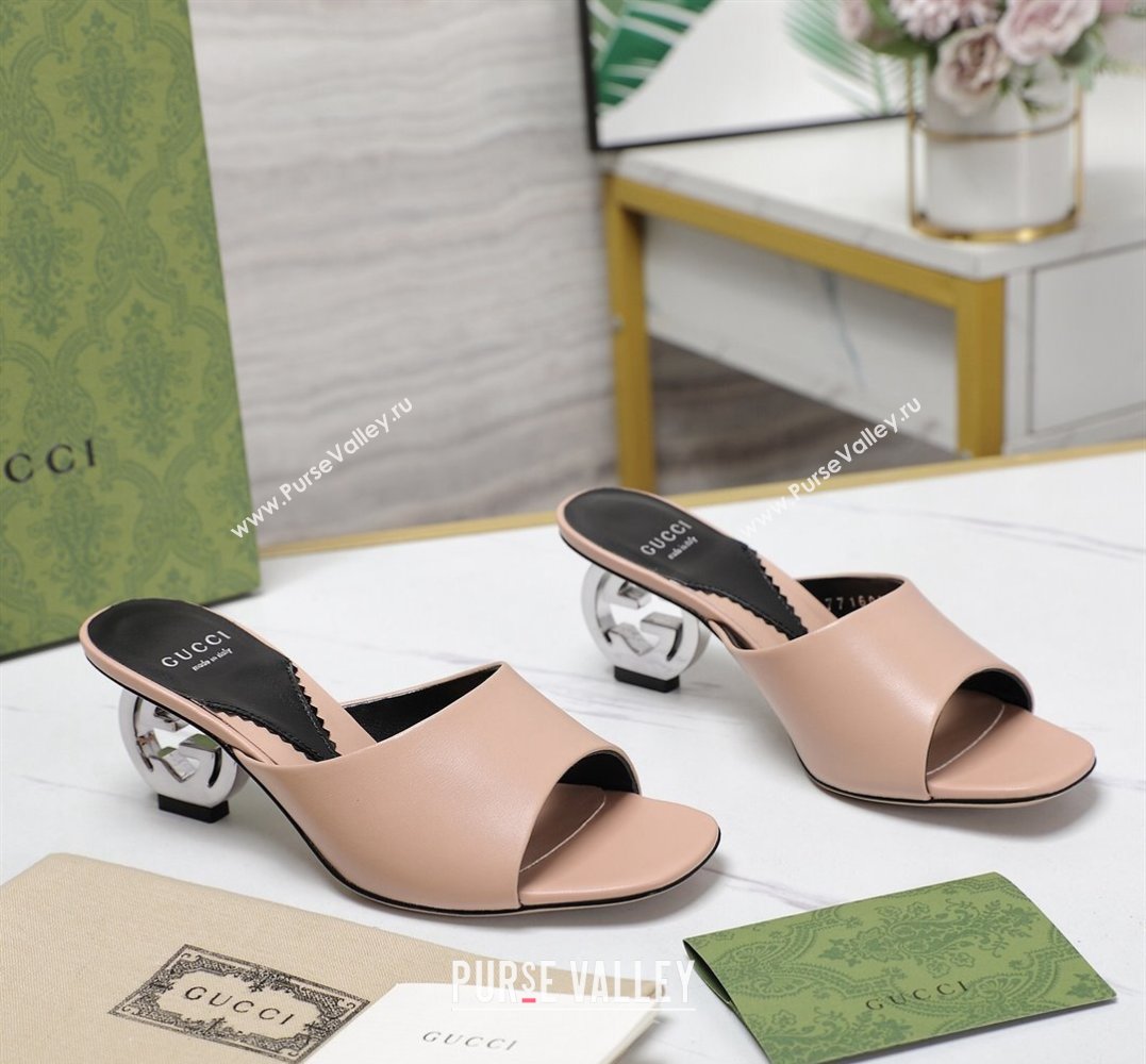 Gucci Heel 6cm Interlocking G heel Slide sandals 772569 Leather Nude 2024 (hongyang-24011604)