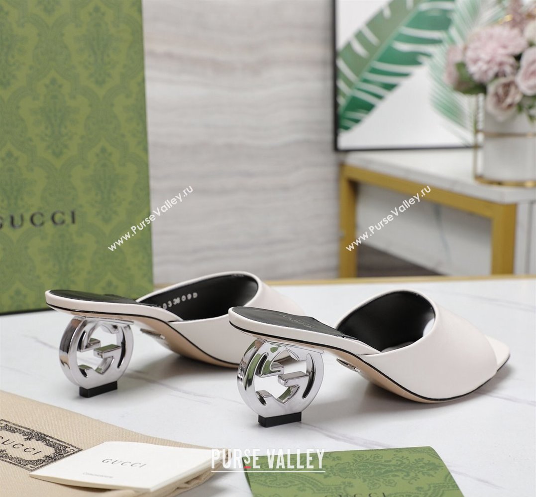 Gucci Heel 6cm Interlocking G heel Slide sandals 772569 Leather White 2024 (hongyang-24011602)