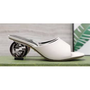 Gucci Heel 6cm Interlocking G heel Slide sandals 772569 Leather White 2024 (hongyang-24011602)