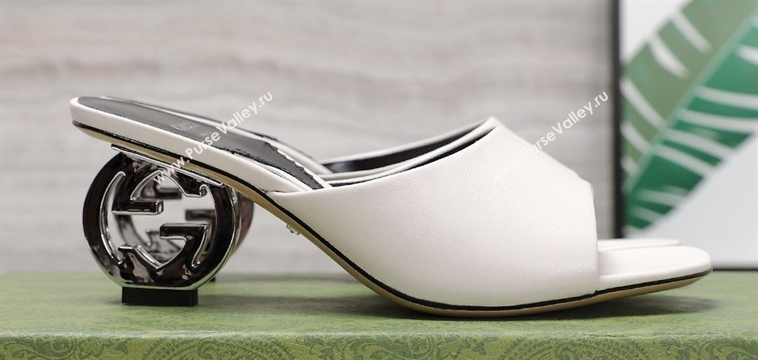 Gucci Heel 6cm Interlocking G heel Slide sandals 772569 Leather White 2024 (hongyang-24011602)