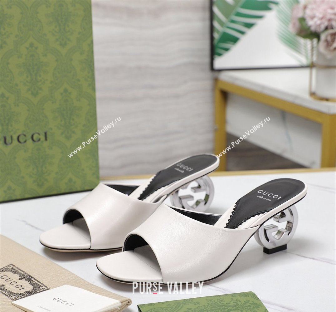 Gucci Heel 6cm Interlocking G heel Slide sandals 772569 Leather White 2024 (hongyang-24011602)