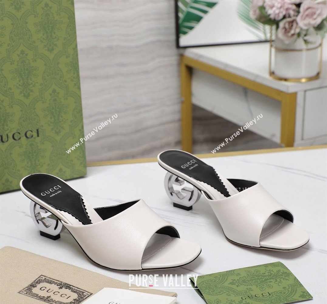 Gucci Heel 6cm Interlocking G heel Slide sandals 772569 Leather White 2024 (hongyang-24011602)